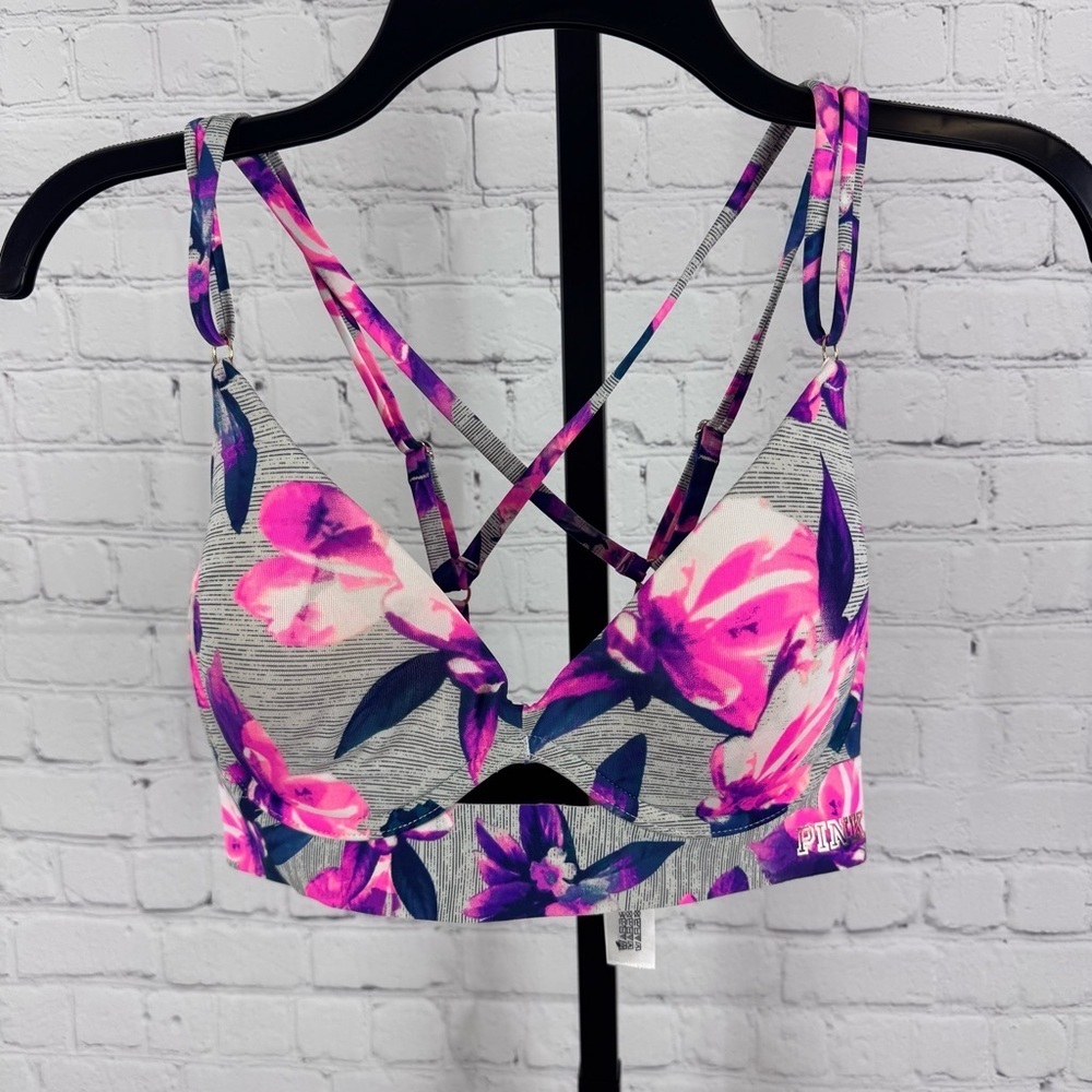 PINK Victoria's Secret Womens Gray Floral Bonded Scoop Push Up Bra Size Small DD